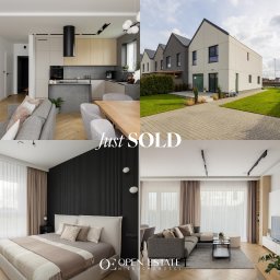 Mateusz Dąbkowski Open Estate - Kolaż: wnętrze nowoczesnego domu z kuchnią, salonem i sypialnią oraz widok z zewnątrz na szereg domów. Napis 'Just SOLD'.