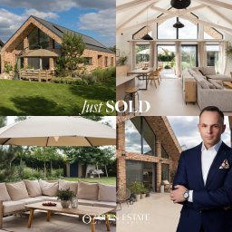 Mateusz Dąbkowski Open Estate - Kolaż: nowoczesny dom z cegły, jasne wnętrze z drewnianymi belkami, taras z sofą i agent nieruchomości w garniturze. Napis 'Just SOLD'.