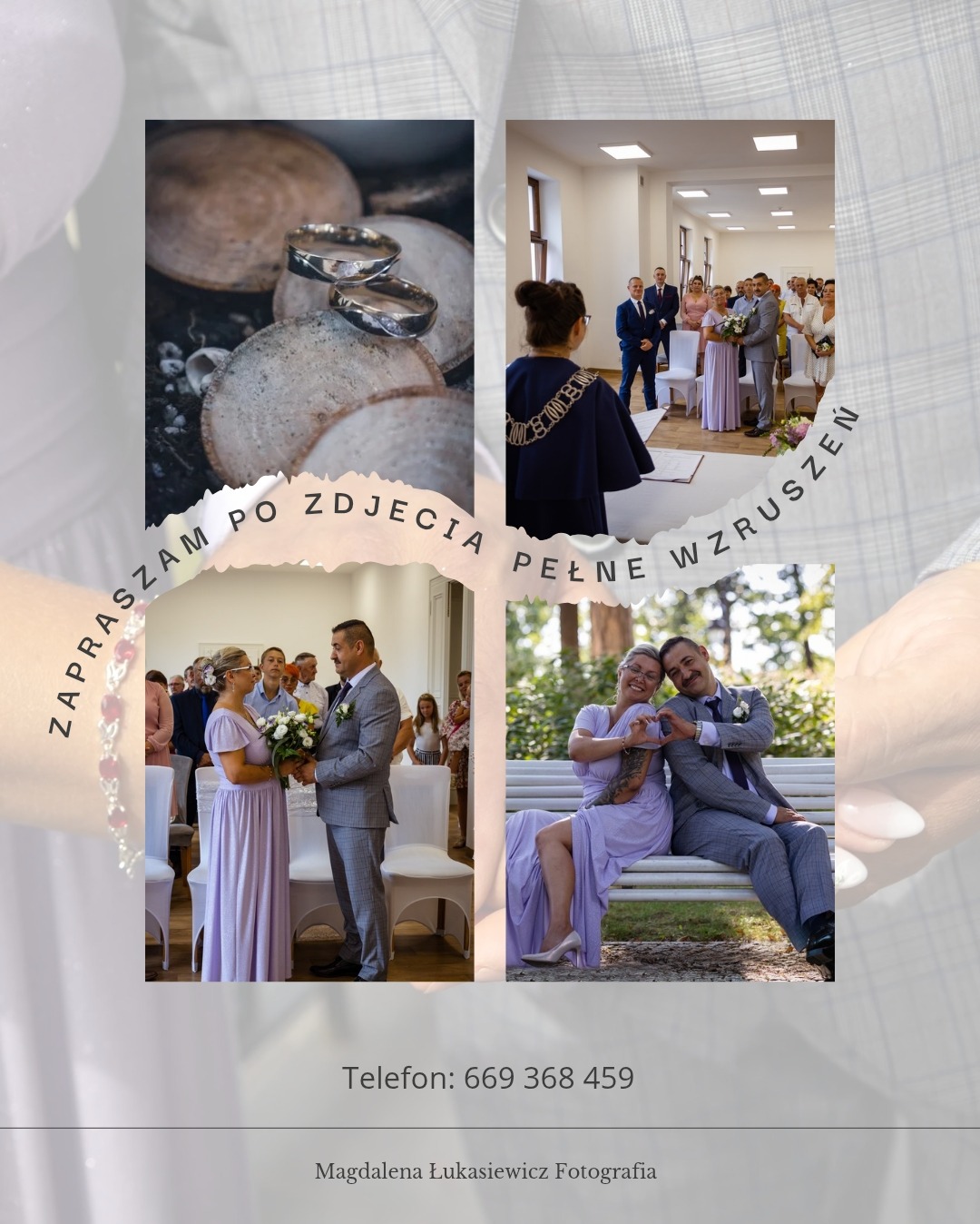 Kolaż z czterech zdjęć ślubnych: zbliżenie obrączek, ceremonia, para młoda w urzędzie i na ławce w parku. Całość otoczona tekstem i danymi kontaktowymi fotografa.