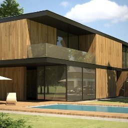 Nowoczesny dom jednorodzinny z drewnianą elewacją i dużymi przeszkleniami – projekt domu przygotowany przez architekta BRJ-Studio z Łukowa, nowoczesna architektura z tarasem i basenem w ogrodzie.