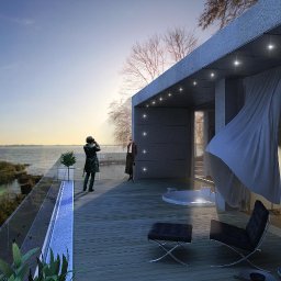 Nowoczesny dom z dużym tarasem i panoramicznym widokiem na jezioro - projekt domu jednorodzinnego przygotowany przez architekta BRJ-Studio z Łukowa.