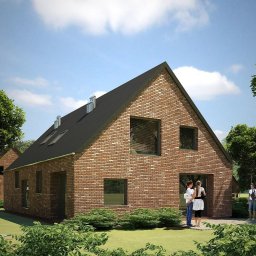 Wizualizacja domu jednorodzinnego z poddaszem użytkowym i elewacją z cegły klinkierowej. Projekt architektoniczny domu w nowoczesnym stylu przygotowany przez pracownię BRJ-Studio - architekt Łuków, projekt domu dopasowany do potrzeb rodziny i otoczenia.