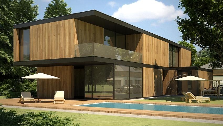 Nowoczesny dom jednorodzinny z drewnianą elewacją, dużymi przeszkleniami i basenem. Minimalistyczna architektura z tarasem i leżakami w ogrodzie.
