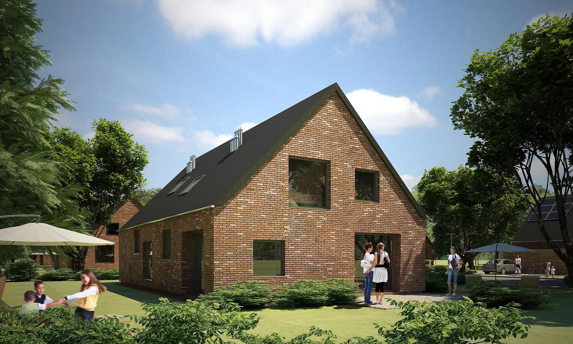 Wizualizacja domu jednorodzinnego z ceglaną elewacją i poddaszem użytkowym. Nowoczesny projekt architektoniczny z oknami i kominami, otoczony zielenią i postaciami.