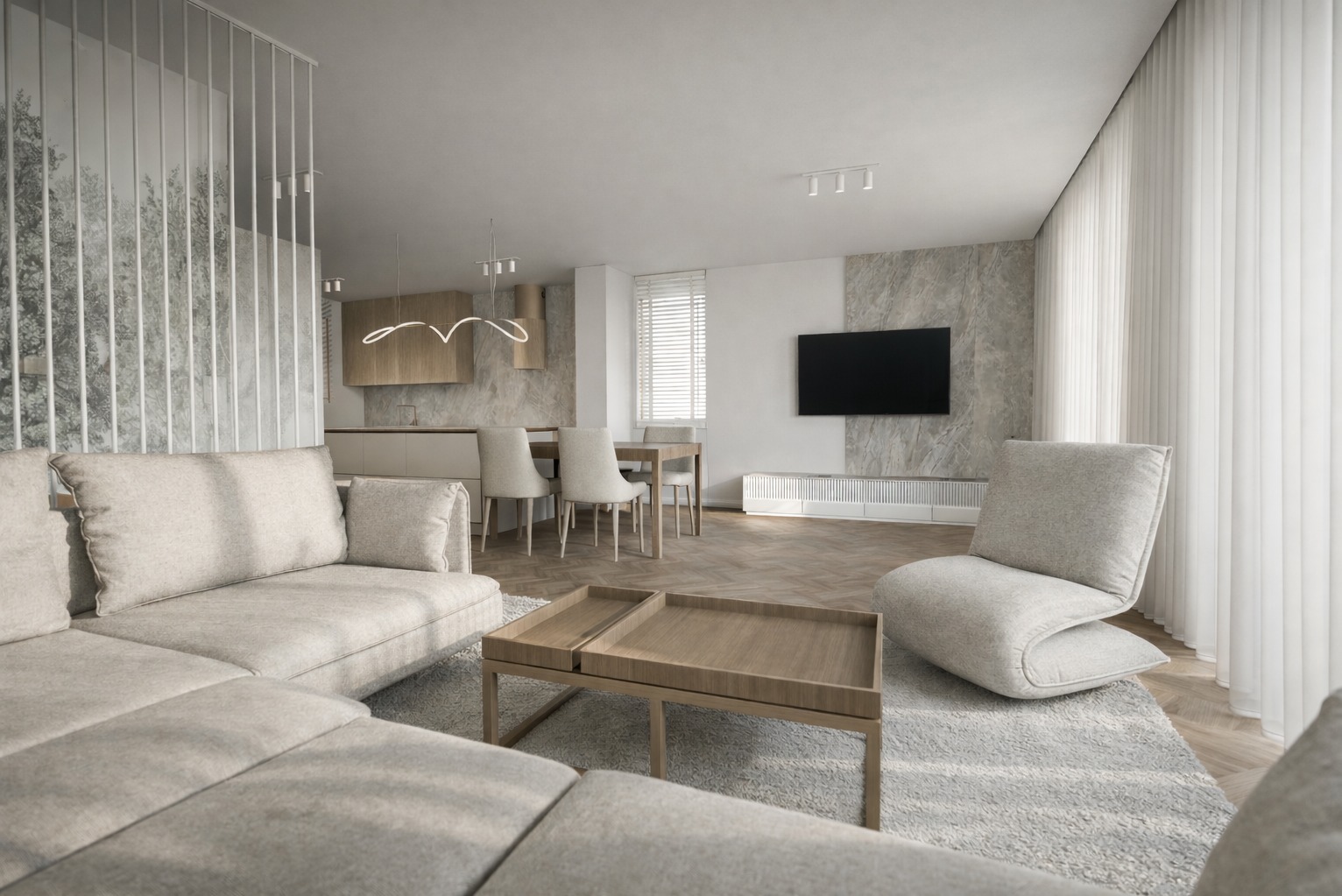 Jasne, przestronne wnętrze: sofa, stolik kawowy, krzesło, stół z krzesłami, TV na ścianie z marmurowym akcentem. Minimalistyczny design, naturalne światło, drewniana podłoga.