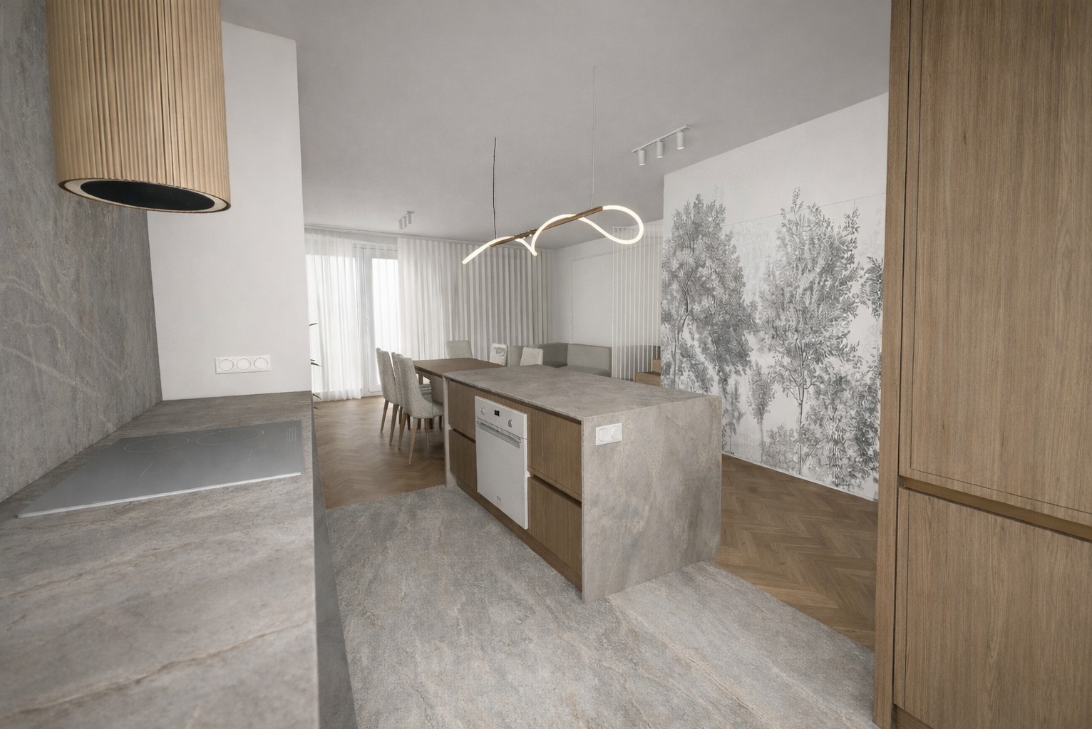 Nowoczesna kuchnia z wyspą i drewnianymi akcentami. Na ścianie dekoracyjny motyw drzew. Minimalistyczne oświetlenie i jasne kolory tworzą przestronne wnętrze.