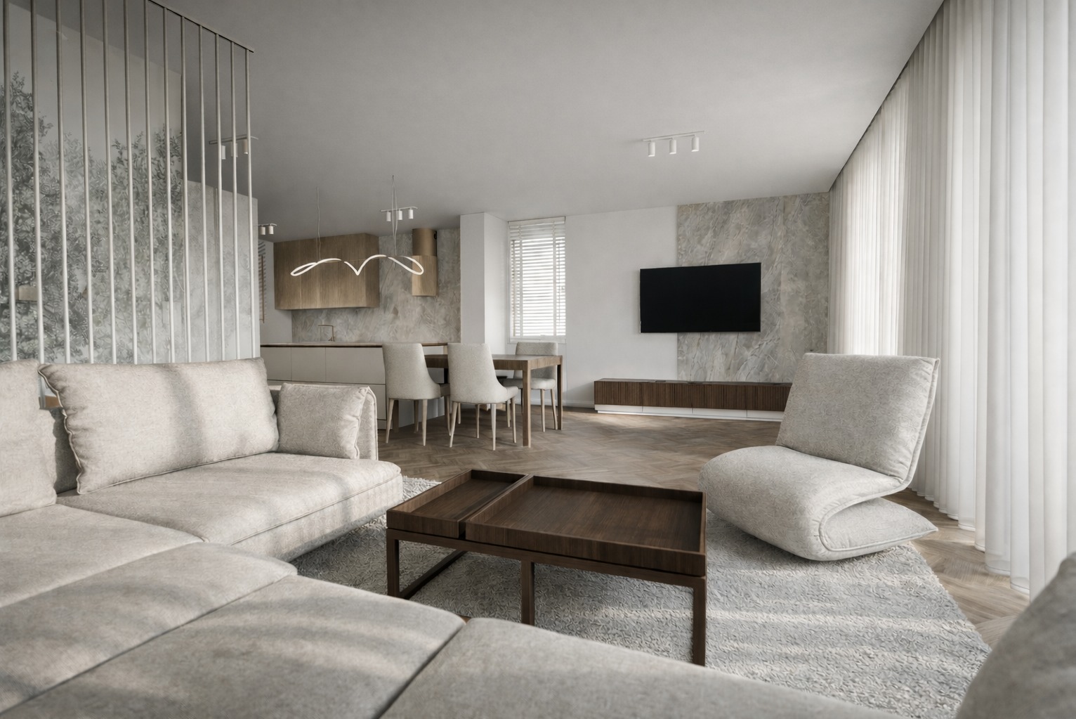 Jasne, przestronne wnętrze salonu z aneksem kuchennym. Minimalistyczny design, sofa, fotel, drewniany stolik kawowy, TV na ścianie z marmurowym akcentem, parkiet w jodełkę.