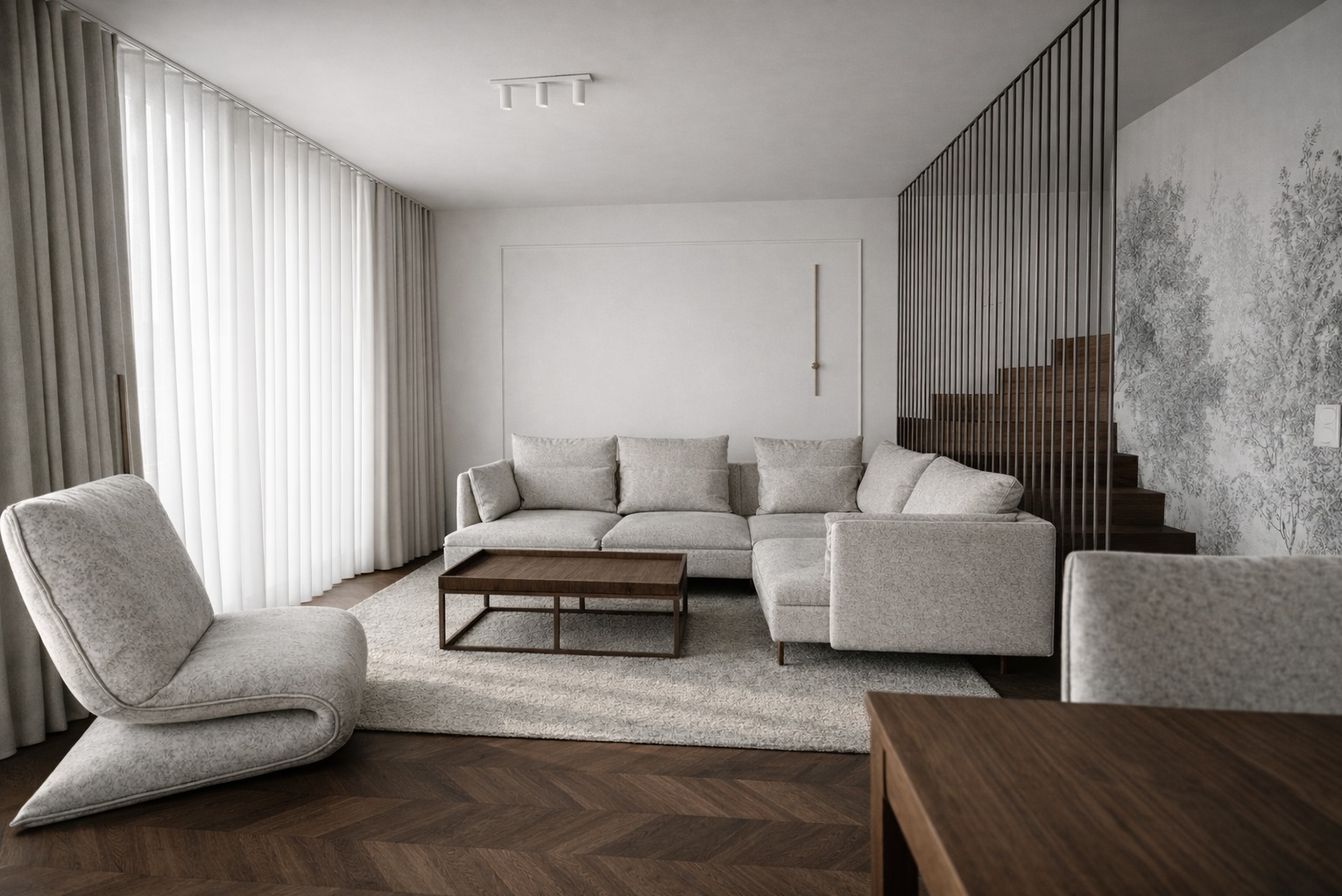 Jasne wnętrze salonu z narożną sofą, stolikiem kawowym i schodami oddzielonymi metalową balustradą. Na ścianie dekoracyjna tapeta z motywem drzew.