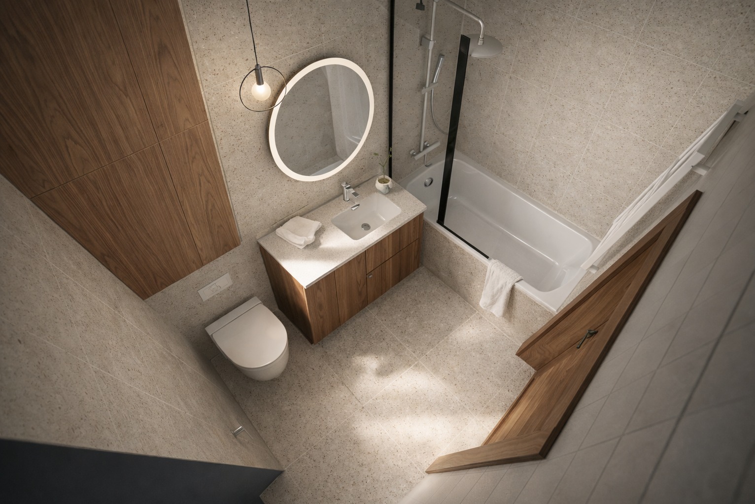 Nowoczesna łazienka z drewnianymi akcentami: szafka pod umywalką, wysoka zabudowa, okrągłe lustro z podświetleniem i minimalistyczna lampa wisząca. Widok z góry.