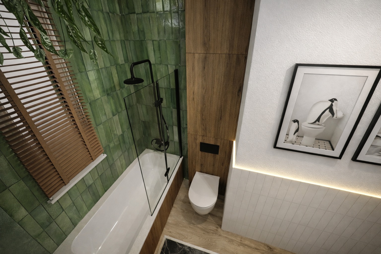 Nowoczesna łazienka z zielonymi płytkami, drewnianymi akcentami i minimalistyczną armaturą. Uwagę przykuwają grafiki z motywem pingwinów nad toaletą.