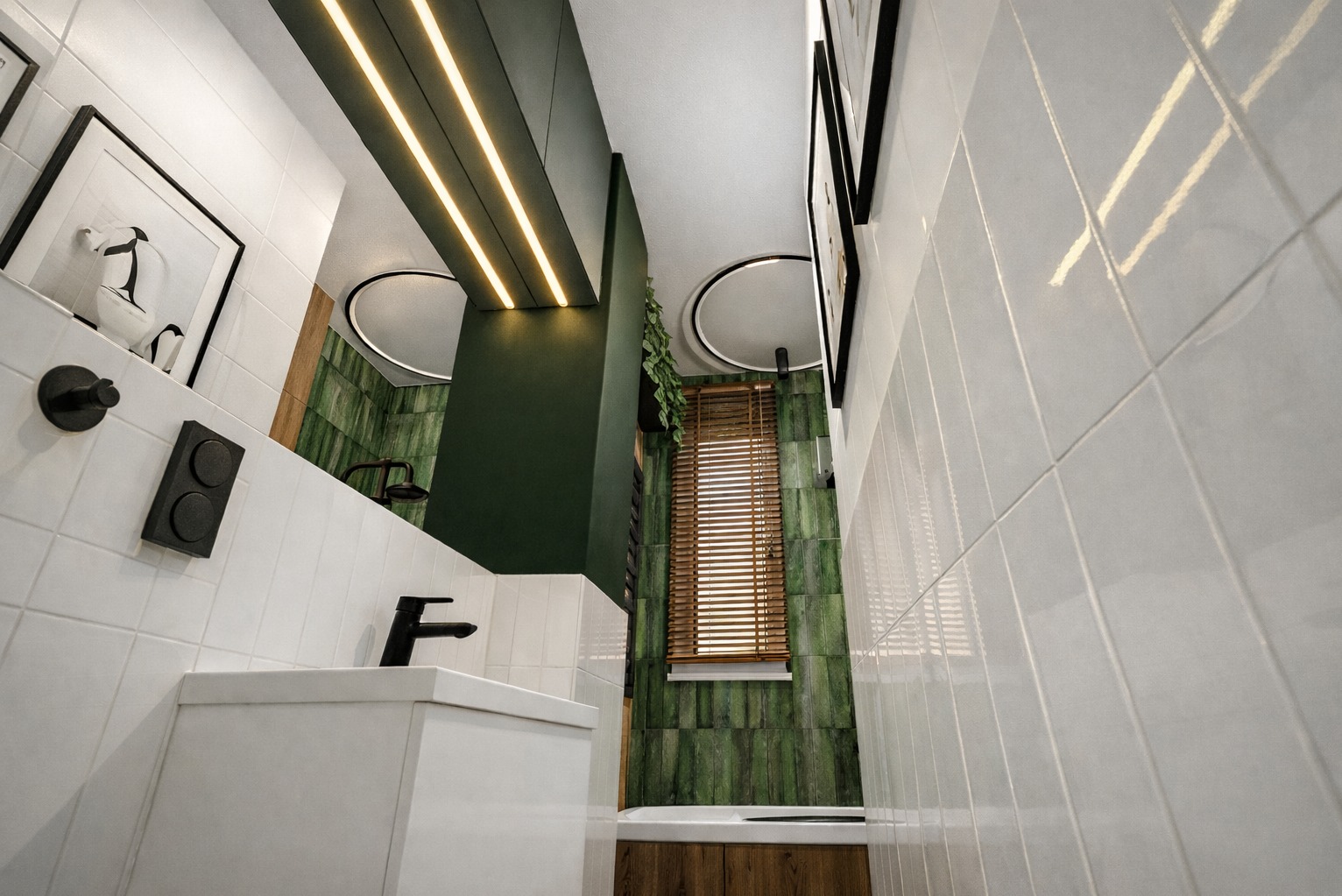 Nowoczesna łazienka z zielonymi płytkami imitującymi drewno, białymi kaflami i czarną armaturą. Lustro z okrągłym oświetleniem i drewniane żaluzje.