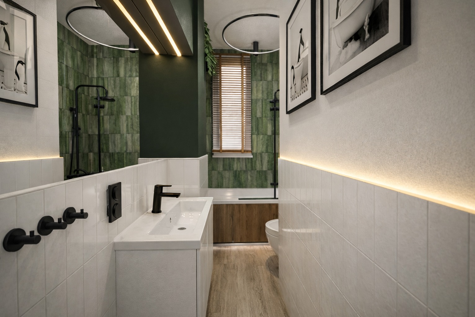 Nowoczesna łazienka w Załomiu z zielonymi płytkami, drewnianymi akcentami i czarną armaturą. Minimalistyczny design z oświetleniem LED i dekoracjami ściennymi.