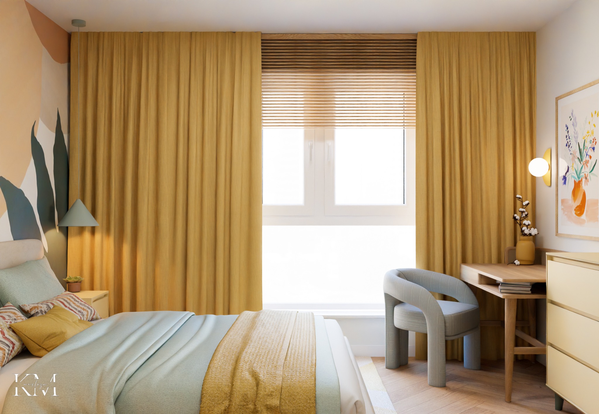 Jasna sypialnia z łóżkiem, biurkiem i krzesłem. Żółte zasłony i akcenty kolorystyczne. Na ścianie abstrakcyjny obraz. Minimalistyczny styl.