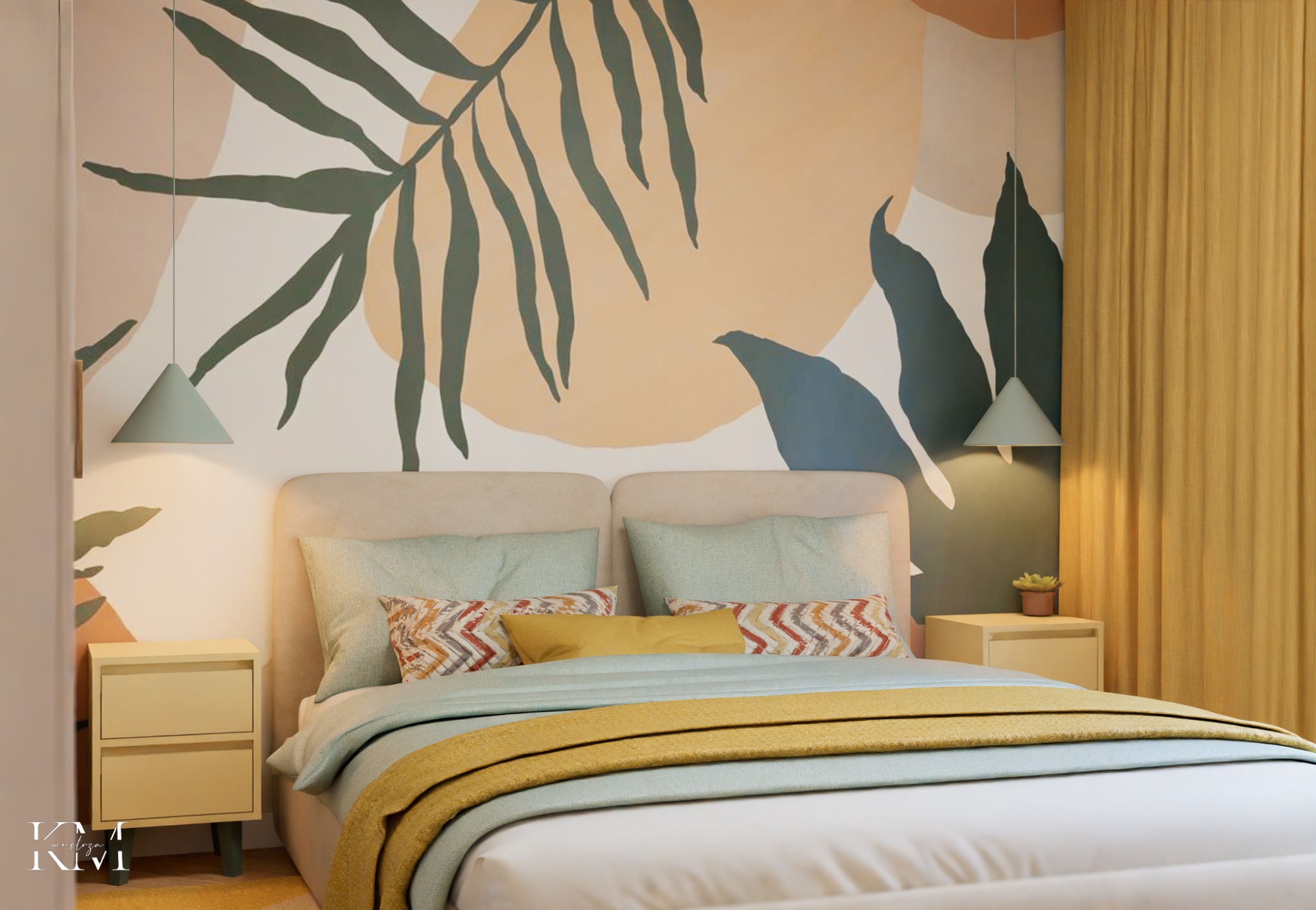 Jasna sypialnia z łóżkiem, szafkami nocnymi i zasłonami w odcieniach beżu i żółci. Na ścianie dekoracyjny, abstrakcyjny motyw roślinny. Lampy wiszące w kształcie stożków.