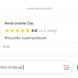 Angoal dr Łukasz Gabarkiewicz - Zrzut ekranu z oceną 5.0 i pozytywną opinią 'Wszystko super! polecam' od Anny za 2 usługi, w komunikatorze. Widoczna odpowiedź 'bardzo dziękuję'.