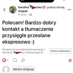 Angoal dr Łukasz Gabarkiewicz - Opinia klientki Karoliny Tokarskiej na Facebooku: Polecam! Bardzo dobry kontakt a tłumaczenie przysięgłe przesłane ekspresowo. Widok ekranu smartfona.