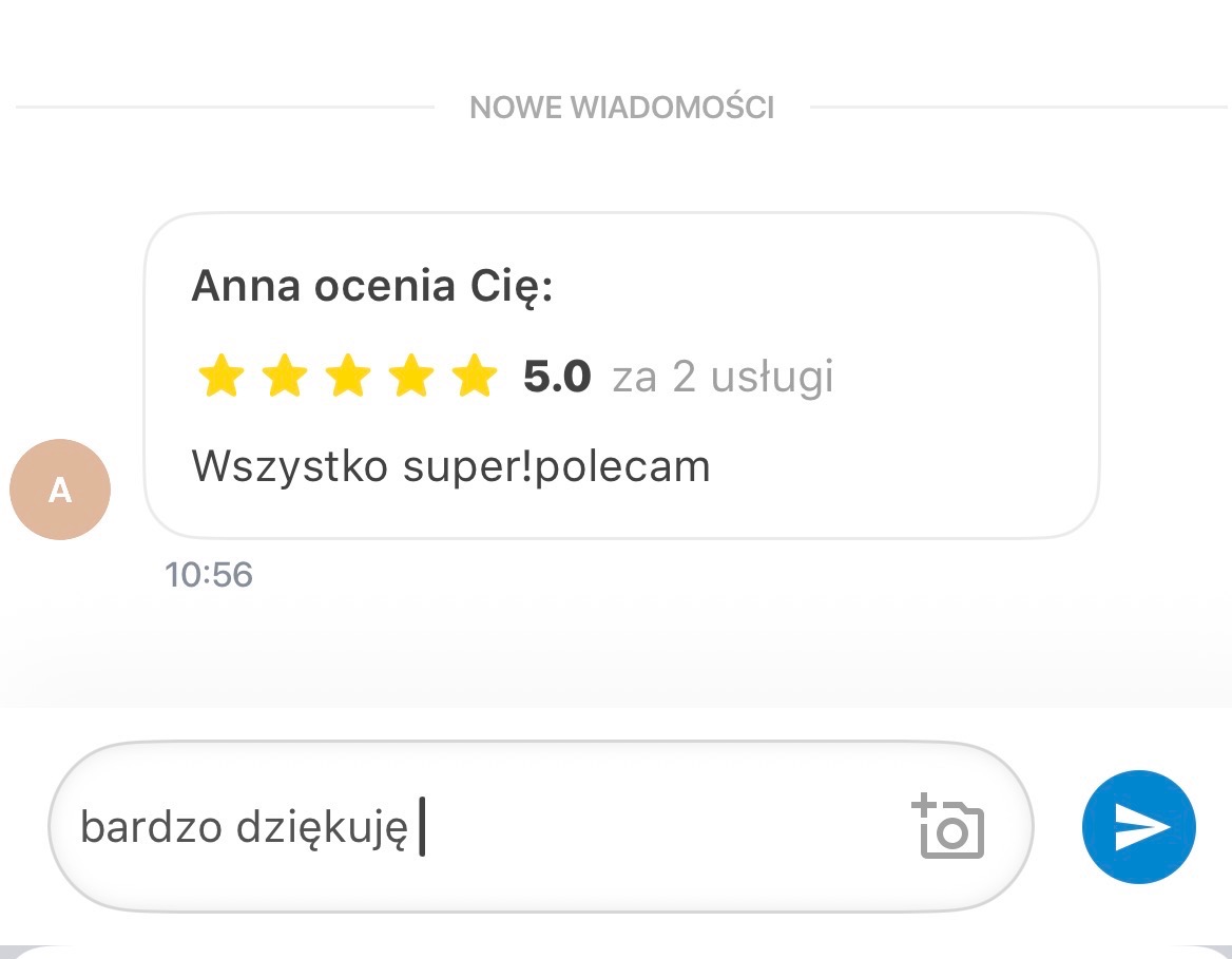 Zrzut ekranu z oceną 5.0 i pozytywną opinią 'Wszystko super! polecam' od Anny za 2 usługi, w komunikatorze. Widoczna odpowiedź 'bardzo dziękuję'.