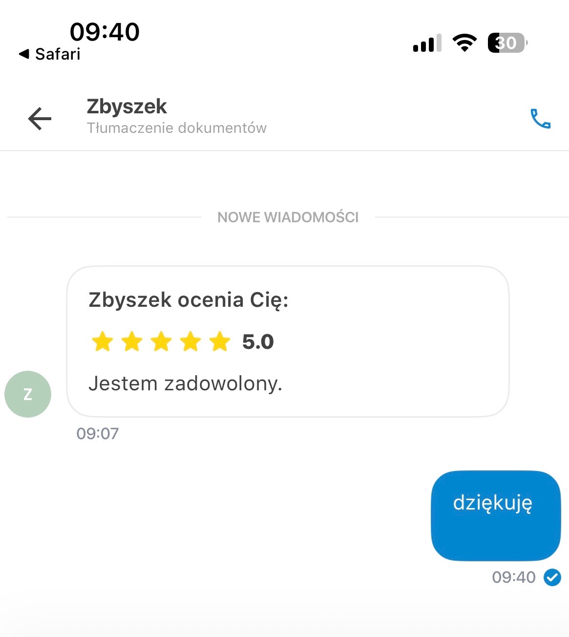 Opinia klienta 'Zbyszek' (5.0) o usłudze tłumaczenia dokumentów, widoczna w komunikatorze. Potwierdzenie zadowolenia z tłumaczenia.