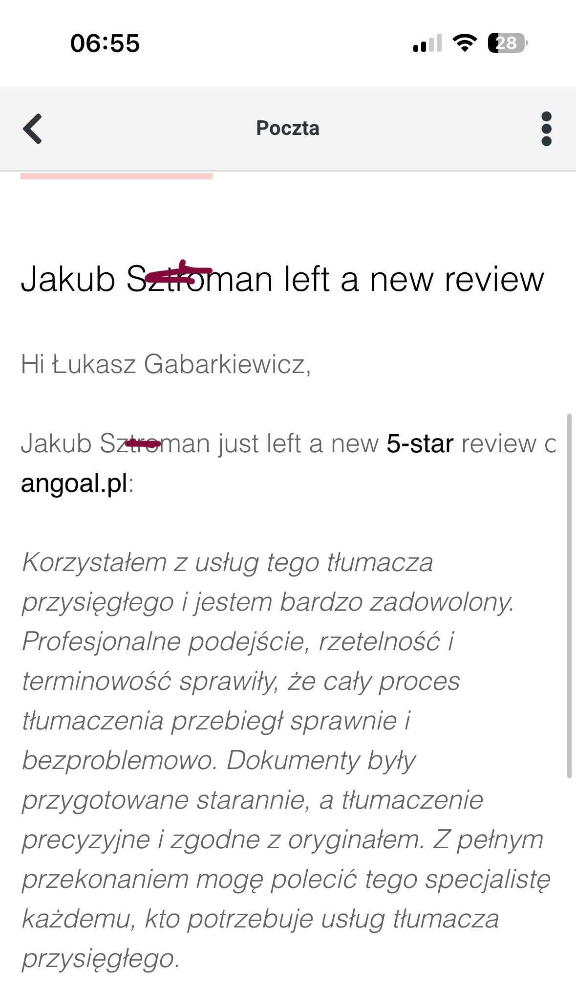 Recenzja 5-gwiazdkowa od klienta zadowolonego z usług tłumacza przysięgłego z Lipki. Tekst opinii podkreśla profesjonalizm i terminowość tłumaczeń.