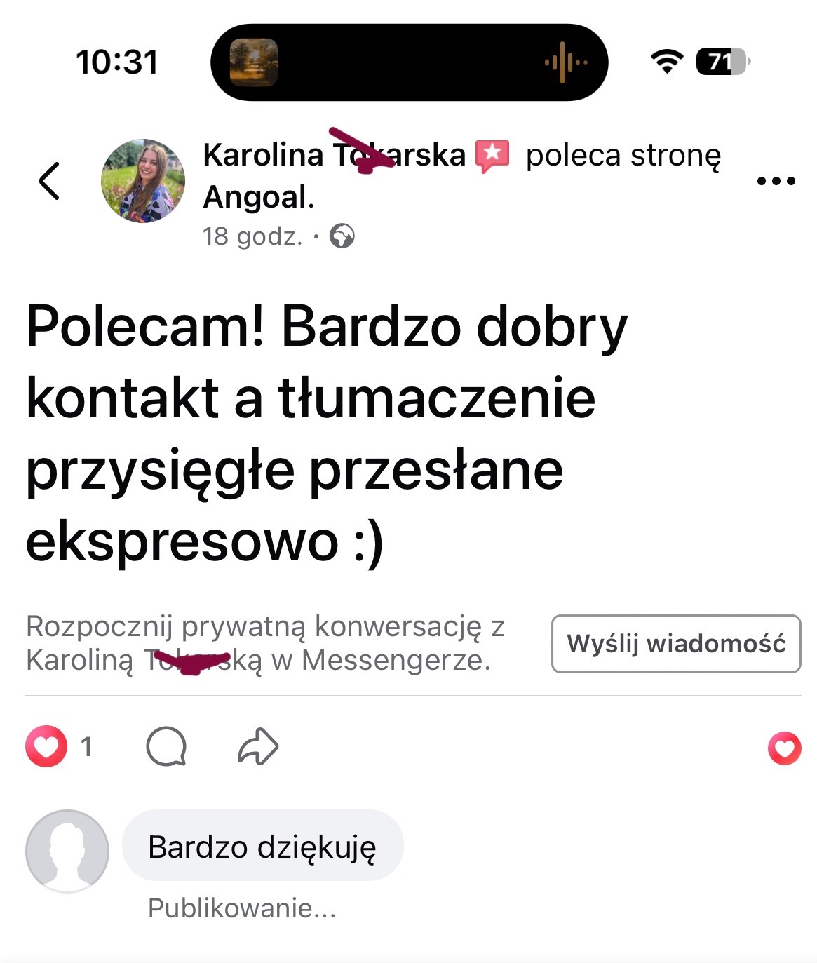 Opinia klientki Karoliny Tokarskiej na Facebooku: Polecam! Bardzo dobry kontakt a tłumaczenie przysięgłe przesłane ekspresowo. Widok ekranu smartfona.