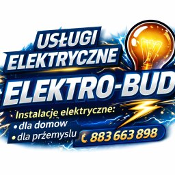 Elektro-aqbud - Grafika reklamowa firmy Elektro-Bud oferującej usługi elektryczne dla domów i przemysłu. Widoczny numer telefonu i stylizowana żarówka z błyskawicami.