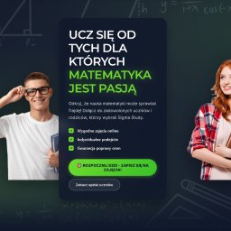 Mozart Way - Reklama kursu matematyki online: uśmiechnięty chłopak z książkami i dziewczyna z książkami na tle tablicy z wzorami, hasło 'Matematyka jest pasją'.
