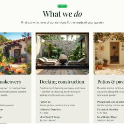 Mozart Way - Kolaż trzech zdjęć: odnowiony ogród z kwiatami, drewniany taras z leżakami i patio z roślinami, prezentujący usługi ogrodnicze i budowlane.