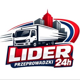 Lider-przeprowadzki 24h - Grafika: Biała ciężarówka na tle miasta i napisu 'Lider Przeprowadzki 24h' w kolorach czerwieni, bieli i granatu. Dynamiczna kompozycja z elementami ruchu.
