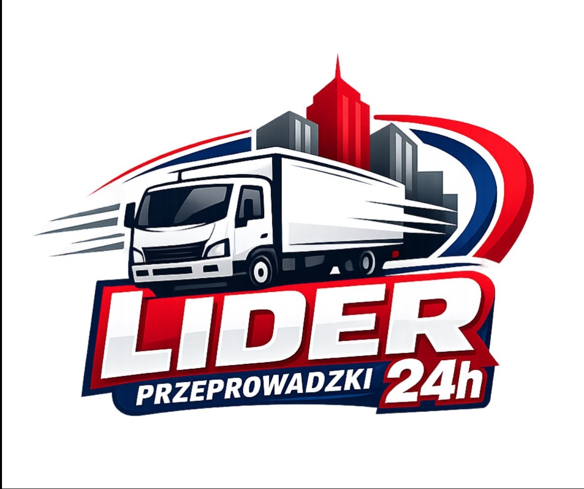 Grafika: Biała ciężarówka na tle miasta i napisu 'Lider Przeprowadzki 24h' w kolorach czerwieni, bieli i granatu. Dynamiczna kompozycja z elementami ruchu.