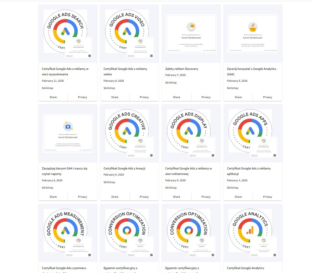 Zbiór certyfikatów Google Ads różnych specjalizacji, w tym reklamy w wyszukiwarce, wideo, display, aplikacje, pomiaru i Google Analytics. Certyfikaty Skillshop.