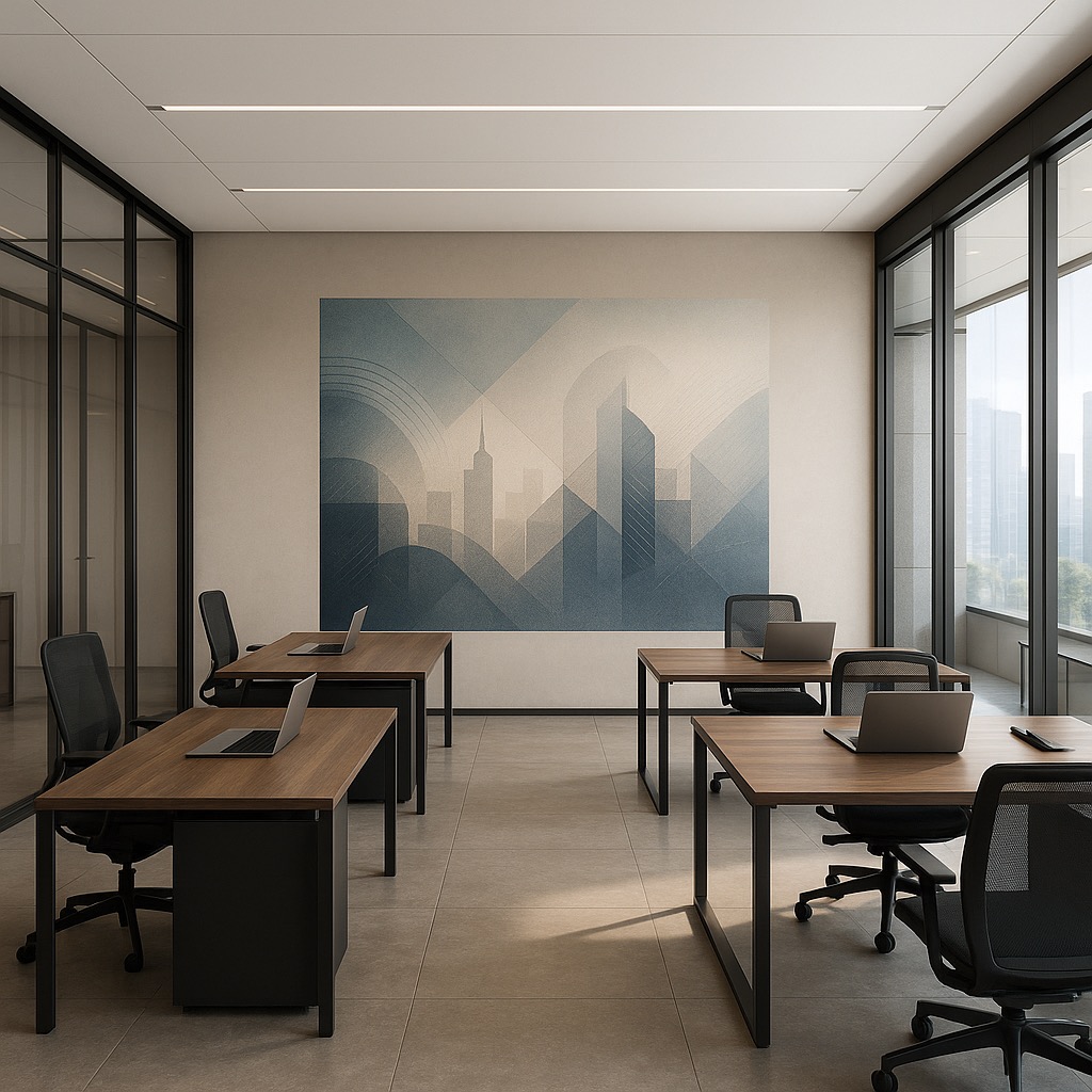 Nowoczesne biuro z drewnianymi biurkami i czarnymi krzesłami. Na ścianie abstrakcyjna grafika z motywem miasta. Duże okna z widokiem na panoramę.