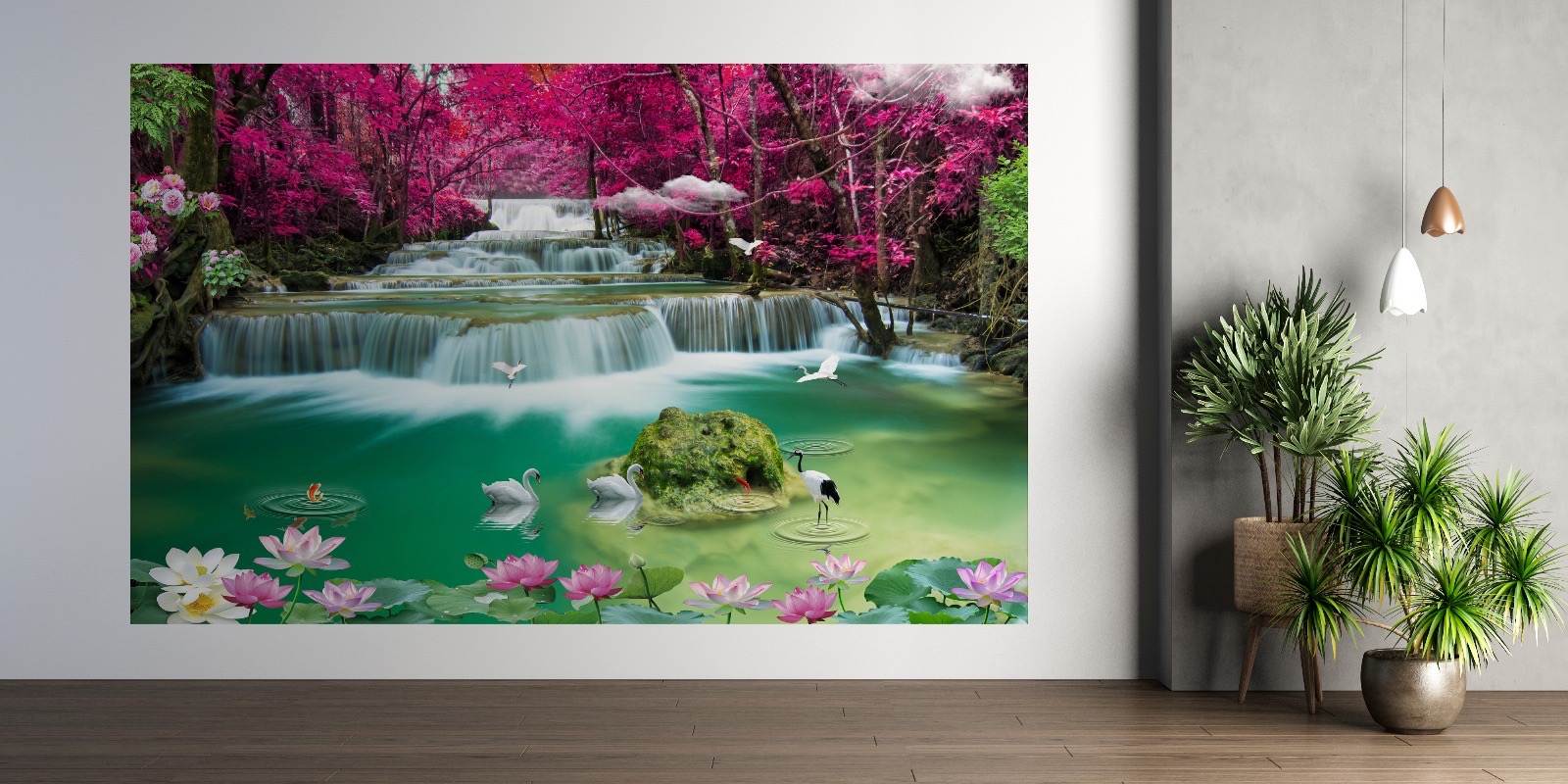 Fototapeta z motywem wodospadu i różowych drzew w nowoczesnym wnętrzu, oświetlona wiszącymi lampami i uzupełniona zielonymi roślinami doniczkowymi.