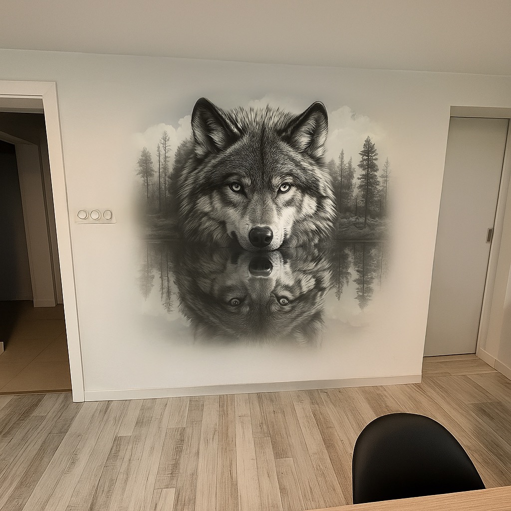 Ściana z fototapetą przedstawiającą wilka i jego odbicie w jeziorze, w stonowanej kolorystyce. Widoczne fragmenty podłogi i drzwi.