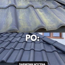 Kamil Rędzina Tofix Company - Zdjęcie dachu przed i po czyszczeniu. Górna część pokryta mchem i zabrudzeniami, dolna część dachu czysta, w kolorze grafitowym. Widoczny fragment okna.