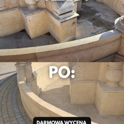 Kamil Rędzina Tofix Company - Zdjęcie 'przed i po' czyszczenia kamiennej fontanny. Górna część zabrudzona, dolna po czyszczeniu, z jasnymi kamiennymi płytami i kostką. Darmowa wycena.