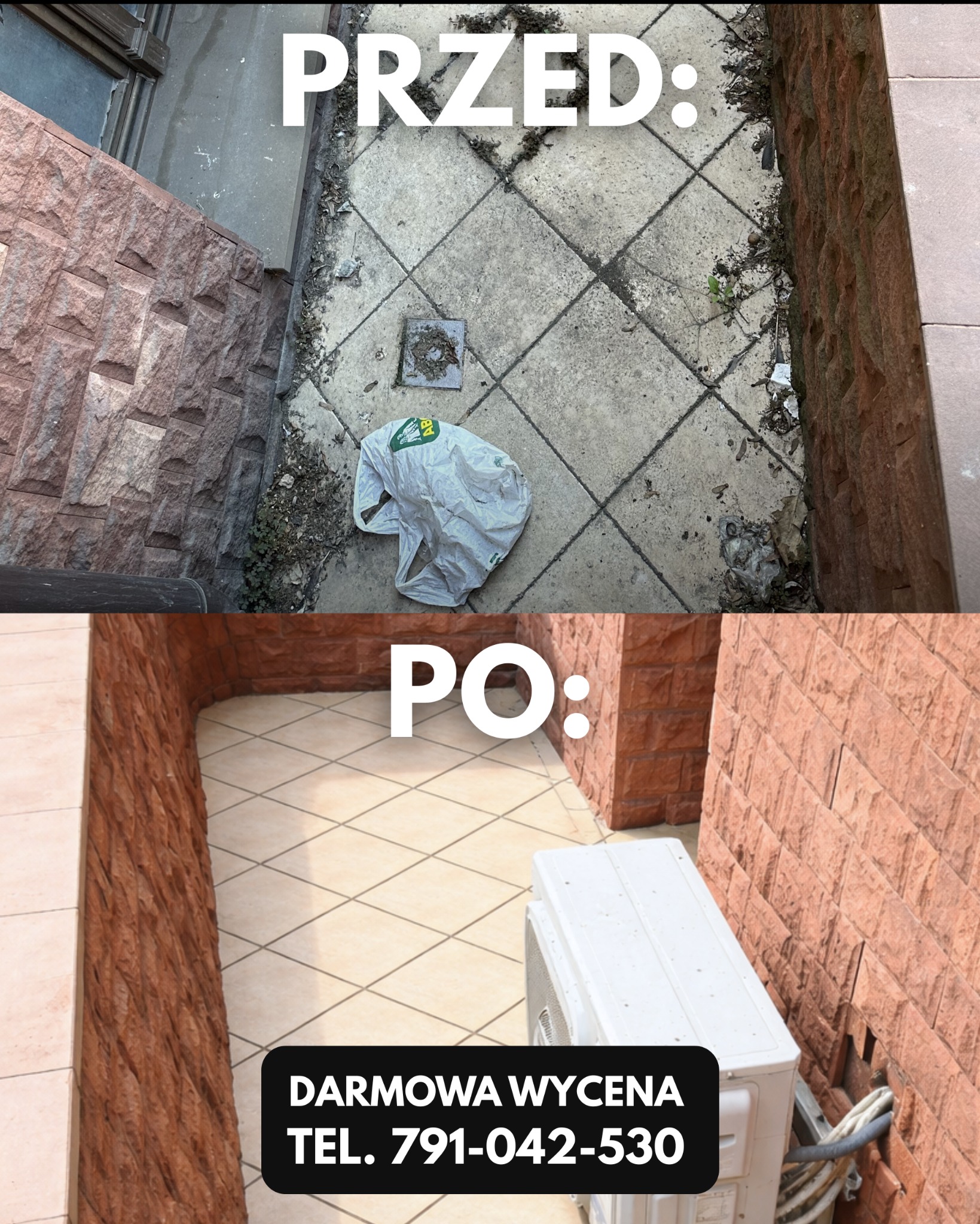Zdjęcie 'przed i po' prezentujące efekt czyszczenia kostki brukowej na zewnątrz budynku. Widoczna różnica w czystości i estetyce powierzchni.