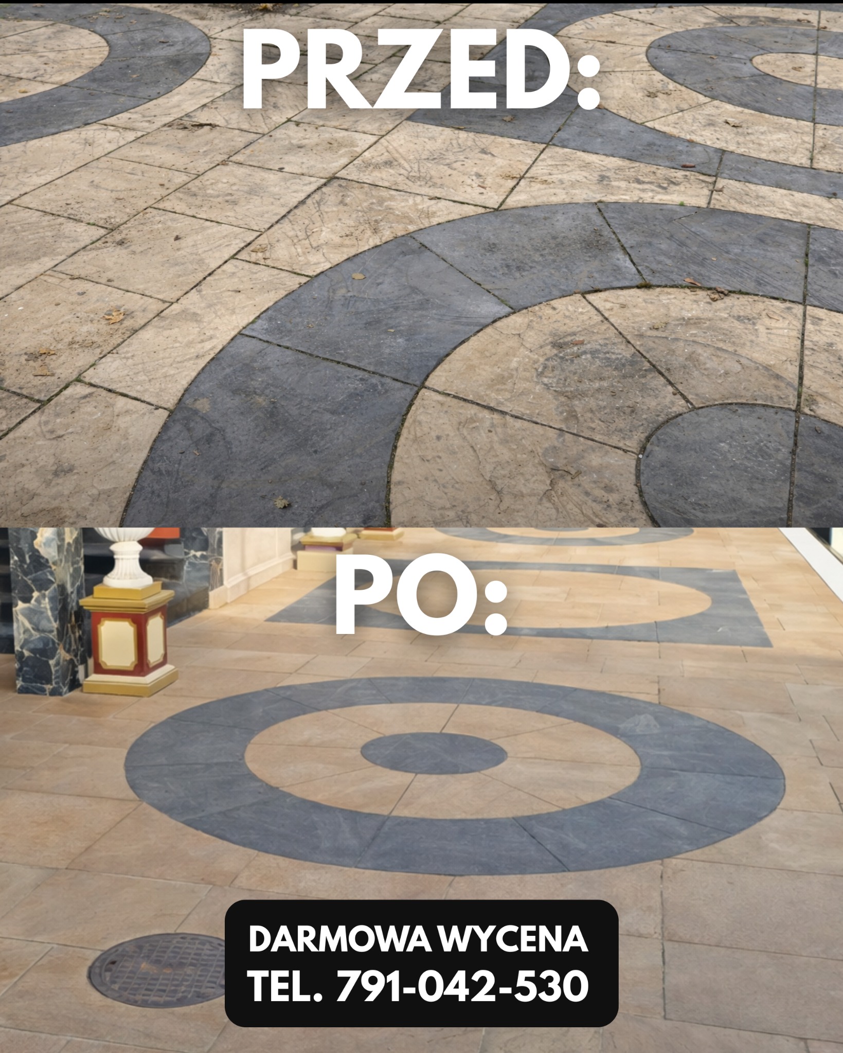 Kostka brukowa z dekoracyjnym wzorem przed i po czyszczeniu. Widoczne zabrudzenia i odświeżony wygląd po usłudze. Darmowa wycena i numer telefonu.