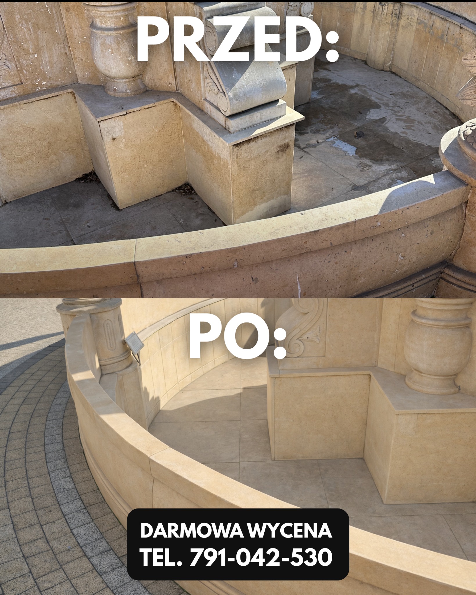 Zdjęcie 'przed i po' czyszczenia kamiennej fontanny. Górna część zabrudzona, dolna po czyszczeniu, z jasnymi kamiennymi płytami i kostką. Darmowa wycena.