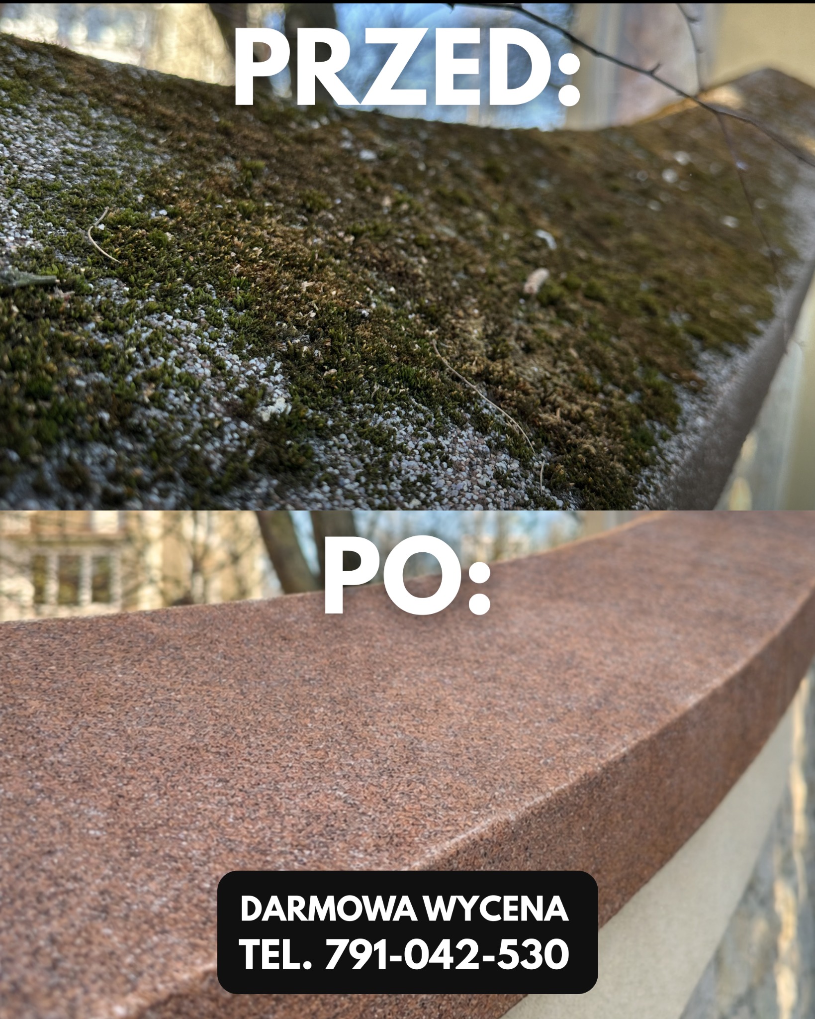 Kostka brukowa 'przed' - porośnięta mchem i zabrudzona, oraz 'po' - czysta, z odzyskanym kolorem. Darmowa wycena, numer telefonu.
