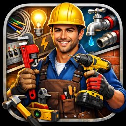 Michał werzun - Uśmiechnięty mężczyzna w kasku i kombinezonie z narzędziami, trzymający wiertarkę i klucz francuski, otoczony symbolami elektryki i hydrauliki na tle ceglanej ściany.