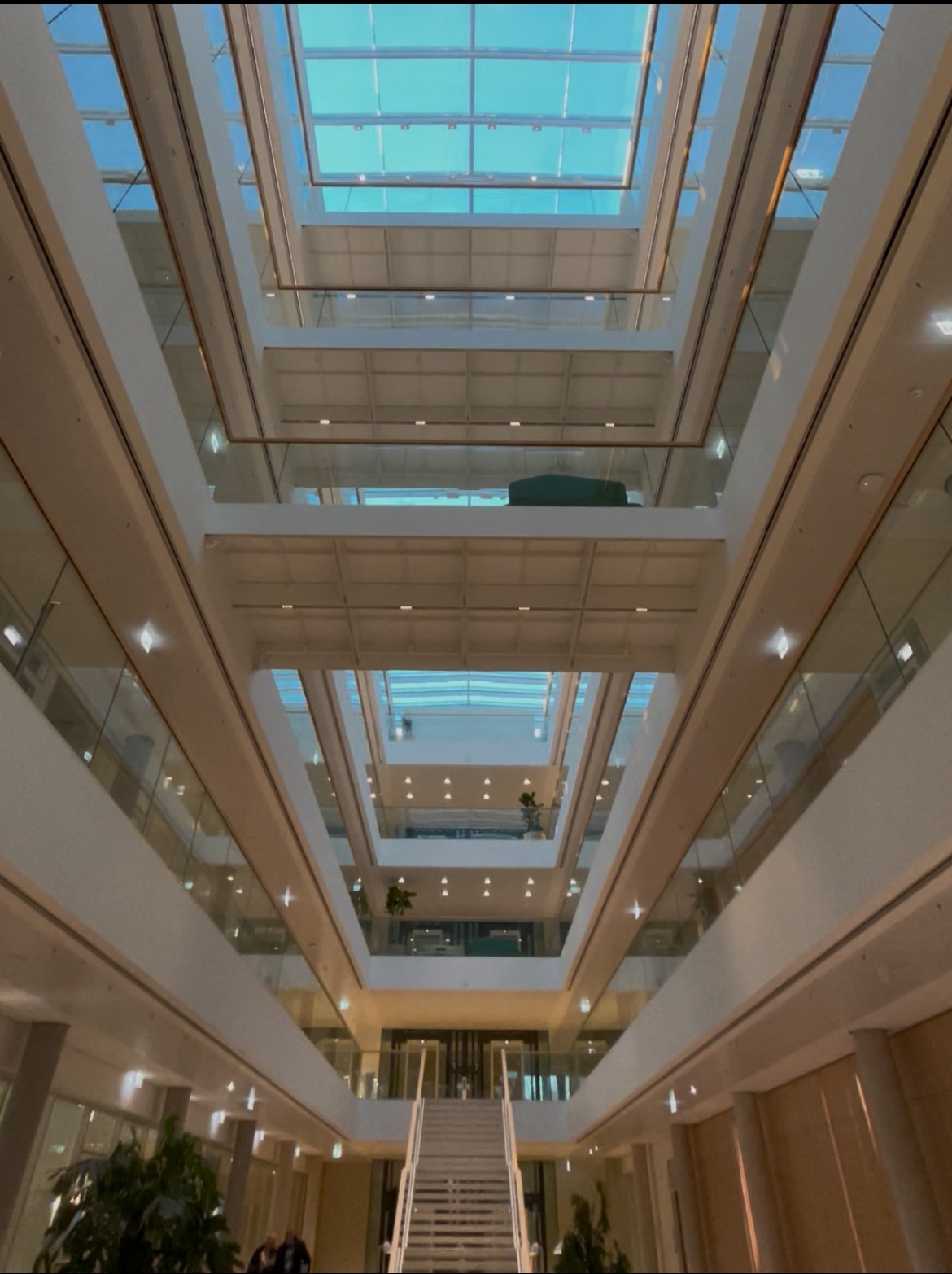 Wnętrze nowoczesnego biurowca z atrium, widok z dołu na szklany dach i liczne kondygnacje. Białe ściany, szklane balustrady, schody i rośliny doniczkowe.