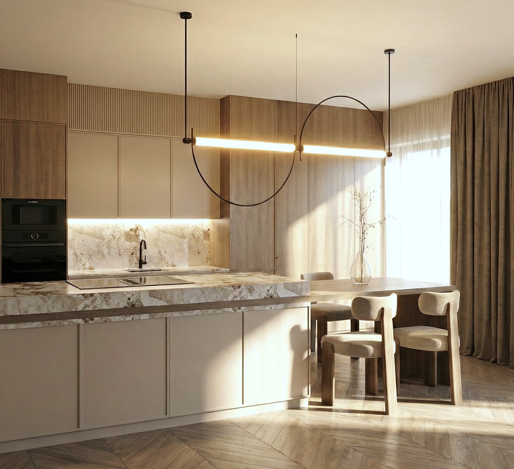 Nowoczesna kuchnia z marmurowym blatem, drewnianymi akcentami i designerską lampą w kształcie okręgów. Parkiet w jodełkę i jasne, naturalne światło.