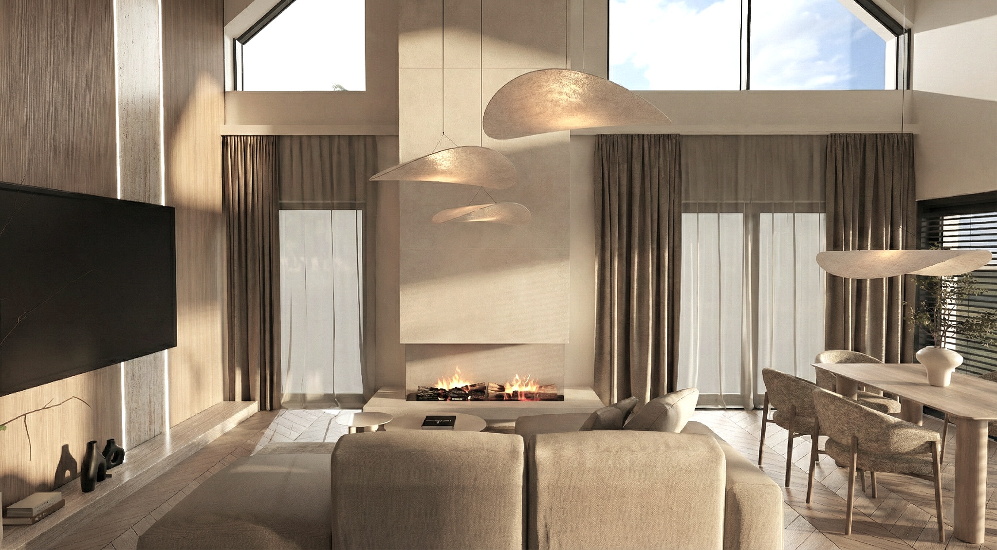 Eleganckie wnętrze salonu z kominkiem i designerskimi lampami w kształcie kapeluszy. Stonowana kolorystyka, duże okna z widokiem na zewnątrz.