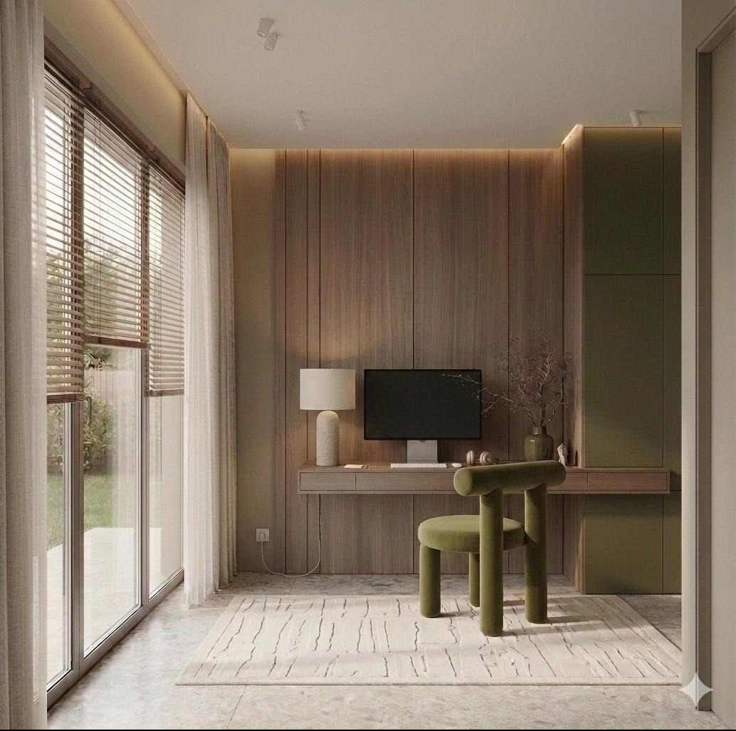 Nowoczesny gabinet z biurkiem, minimalistycznym krzesłem w odcieniach zieleni i dużym oknem z żaluzjami. Drewniane panele ścienne z subtelnym oświetleniem LED.