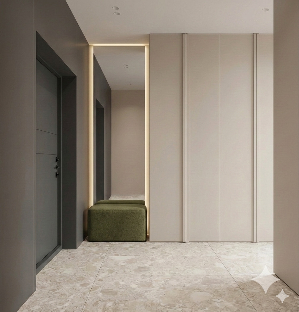 Nowoczesny przedpokój z podświetlanym lustrem, zielonym pufem i marmurową podłogą. Minimalistyczne drzwi i szafy w odcieniach szarości i beżu.