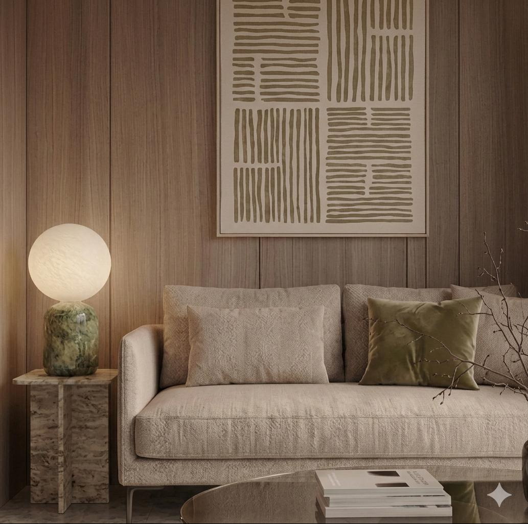 Beżowa sofa z poduszkami i okrągła lampa na marmurowym stoliku, na tle drewnianej ściany z abstrakcyjnym obrazem w stonowanych barwach. Ciepłe oświetlenie.