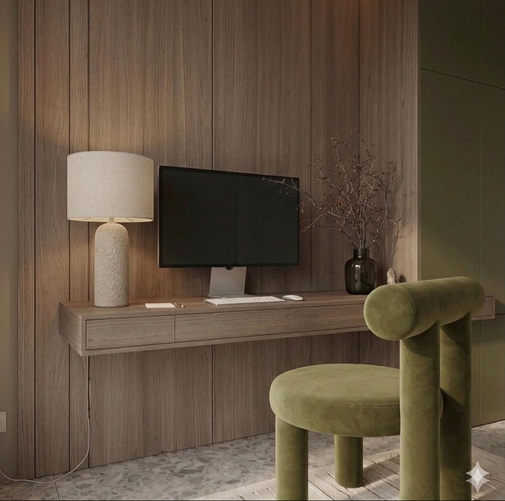 Minimalistyczne biuro w odcieniach brązu i zieleni: drewniana ściana, biurko z lampą, komputer i designerskie krzesło. Stonowana kolorystyka, nowoczesny styl.