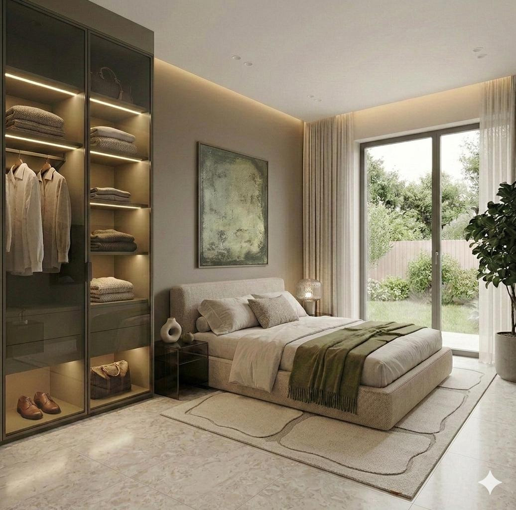 Nowoczesna sypialnia z przesuwną szafą z podświetleniem LED, beżowym łóżkiem i widokiem na ogród przez duże okno. Minimalistyczny design z akcentami zieleni.