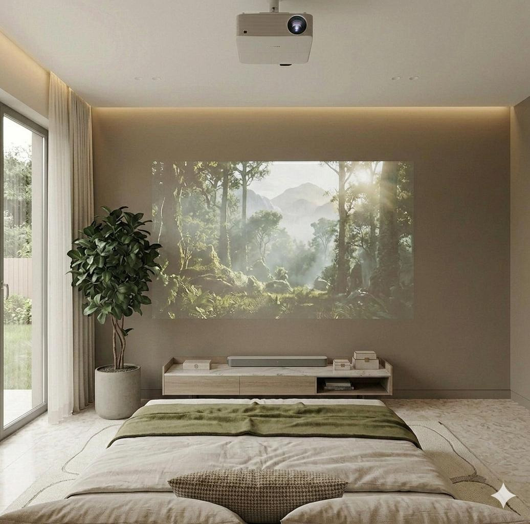 Klimatyczna sypialnia z projektorem wyświetlającym leśny krajobraz na ścianie w Ramiszowie. Minimalistyczny design, roślina doniczkowa i ciepłe oświetlenie.
