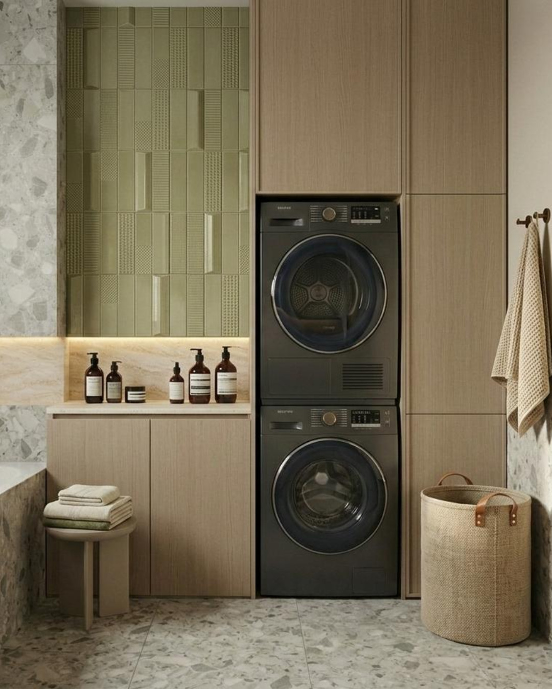 Nowoczesna łazienka z pralką i suszarką w zabudowie, zielone płytki dekoracyjne, marmurowe wykończenie, minimalistyczne akcesoria i tekstylia w neutralnych barwach.